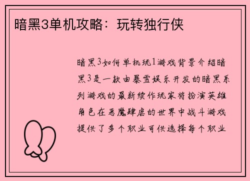 暗黑3单机攻略：玩转独行侠